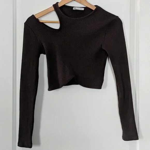 Zara Top Women's Large Brown Cropped Ribbed Cut-Out Long Sleeve Asymmetric Shirt - Picture 8 of 13